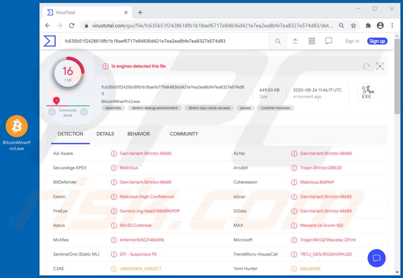 bitcoin miner pro virustotal detections