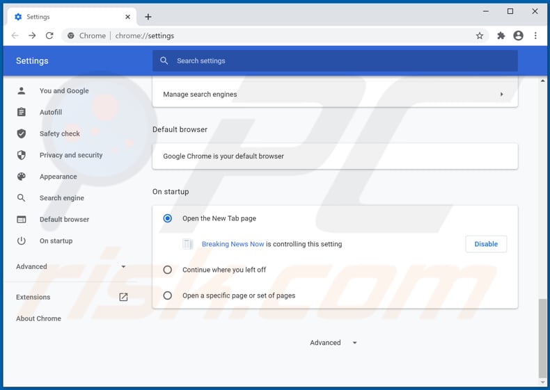 Removing breakingnewsnowtab.com from Google Chrome homepage