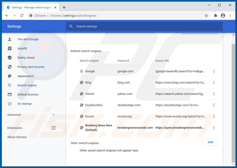 Removing breakingnewsnowtab.com from Google Chrome default search engine