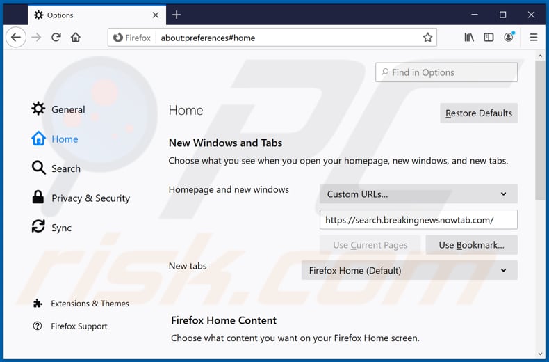 Removing breakingnewsnowtab.com from Mozilla Firefox homepage