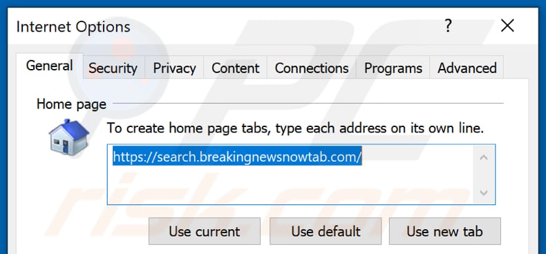 Removing breakingnewsnowtab.com from Internet Explorer homepage