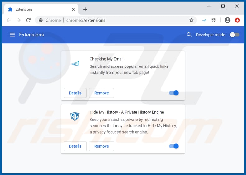Removing hcheckingmyemail.com related Google Chrome extensions