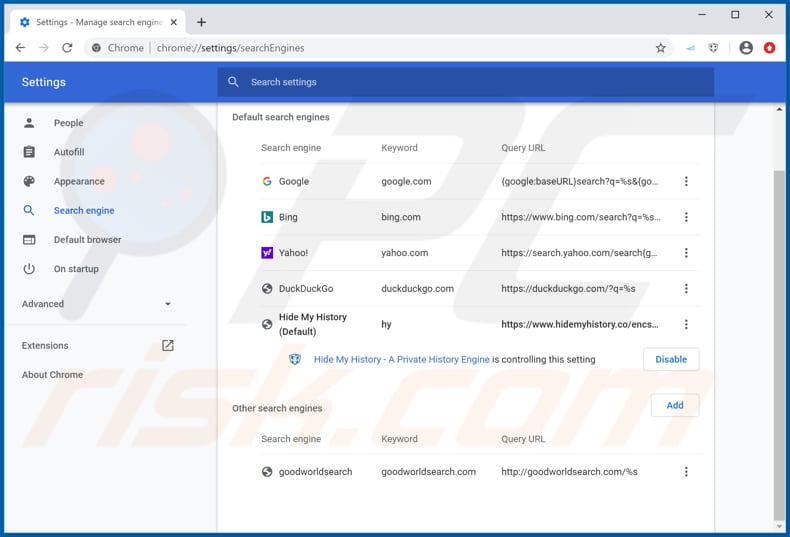 Removing hcheckingmyemail.com from Google Chrome default search engine