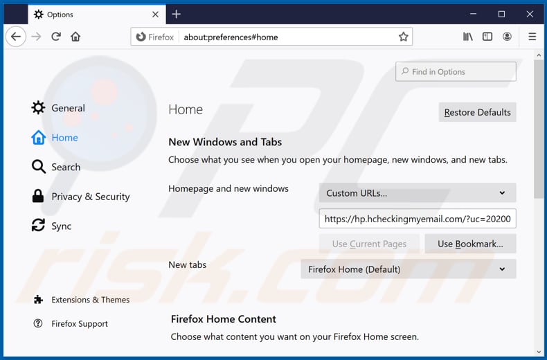 Removing hcheckingmyemail.com from Mozilla Firefox homepage