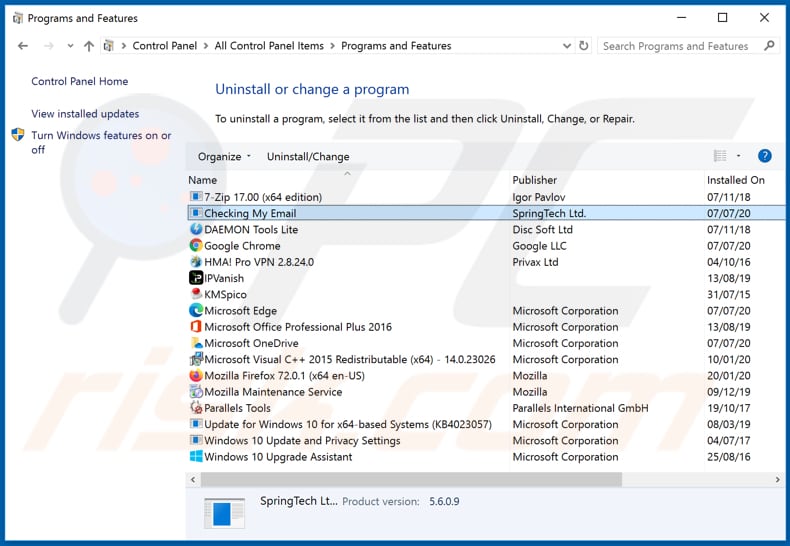 hcheckingmyemail.com browser hijacker uninstall via Control Panel