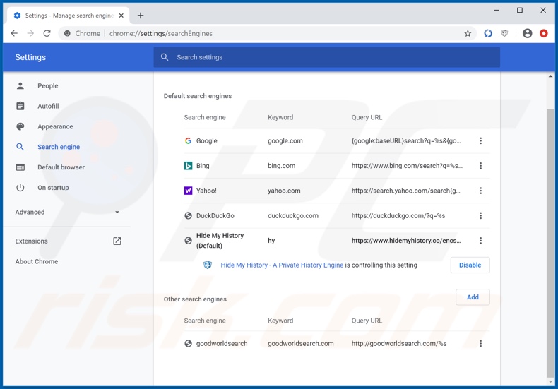 Removing hconvertfilestools.com from Google Chrome default search engine