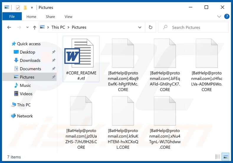 Files encrypted by CORE ransomware ([BatHelp@protonmail.com].[random_string].CORE - renaming pattern)