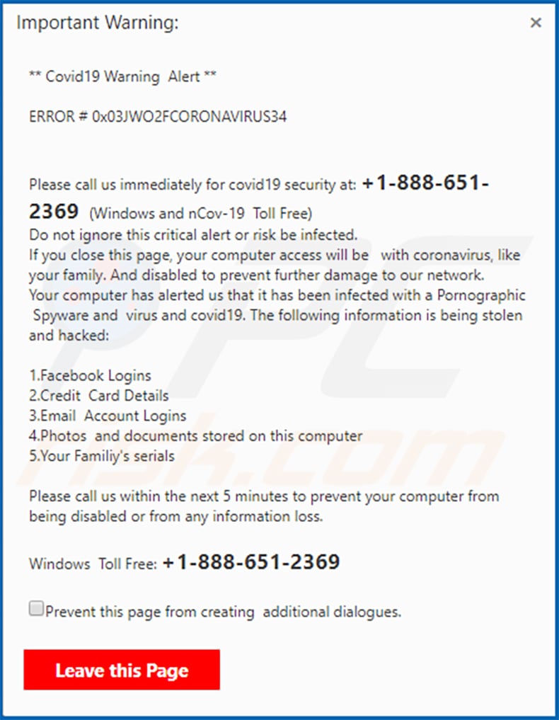 Covid19 Warning Alert pop-up scam