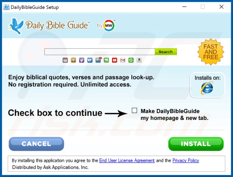 Official DailyBibleGuide browser hijacker installation setup