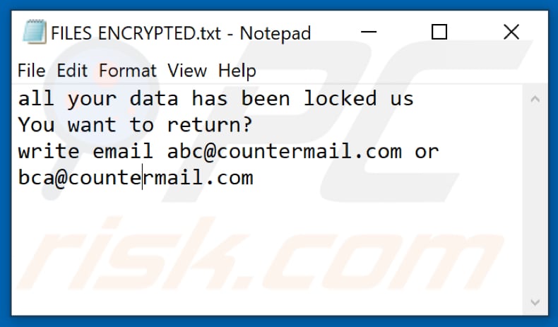 Dharma (.abc) ransomware text file (FILES ENCRYPTED.txt)
