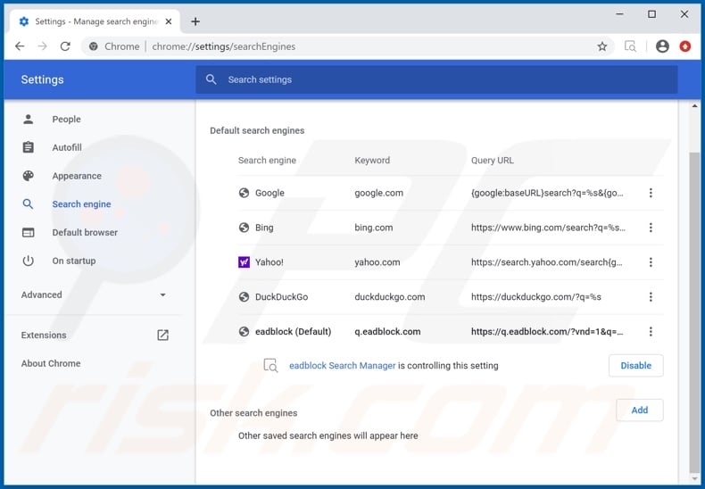 Removing q.eadblock.com from Google Chrome default search engine