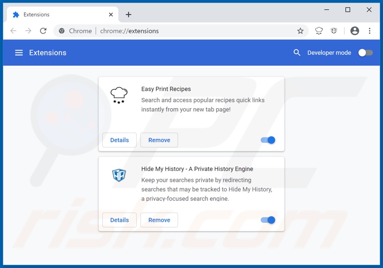 Removing heasyprintrecipes.com related Google Chrome extensions