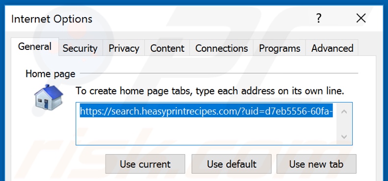 Removing heasyprintrecipes.com from Internet Explorer homepage