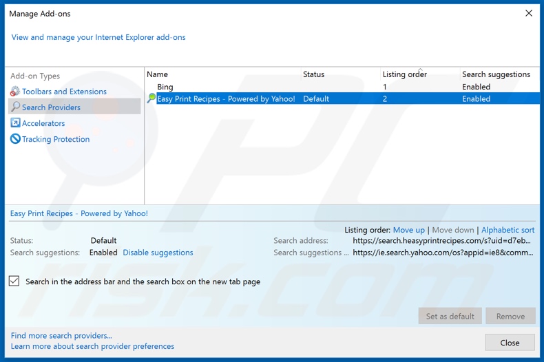 Removing heasyprintrecipes.com from Internet Explorer default search engine