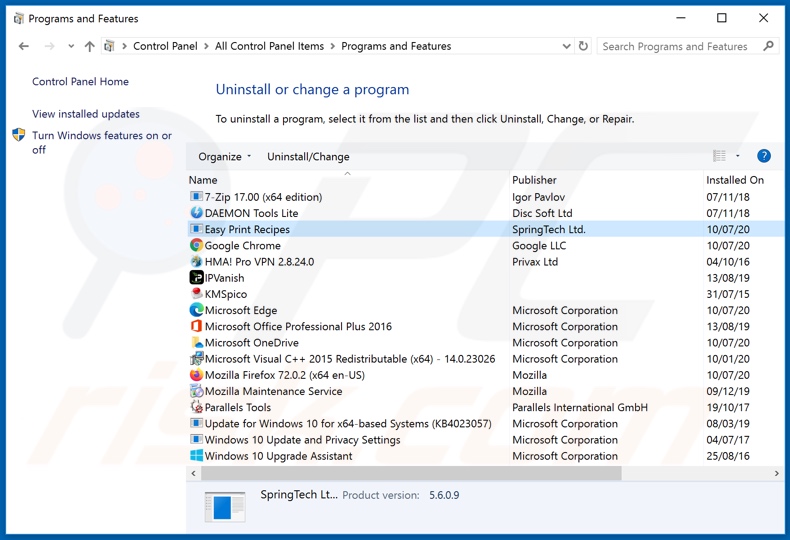 heasyprintrecipes.com browser hijacker uninstall via Control Panel