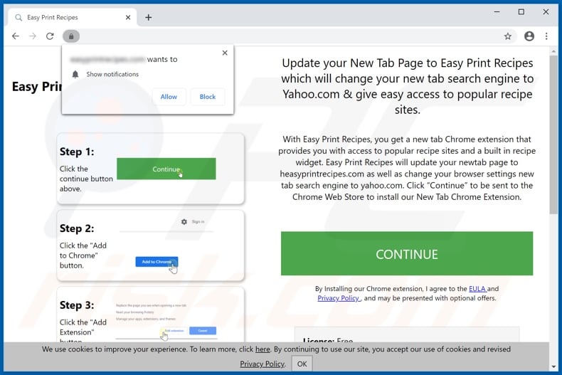 Website used to promote Easy Print Recipes browser hijacker