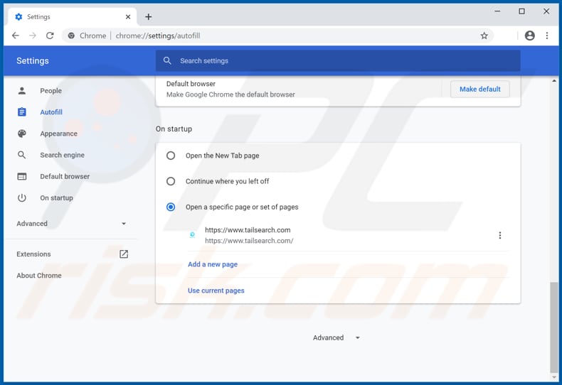 Removing tailsearch.com from Google Chrome homepage