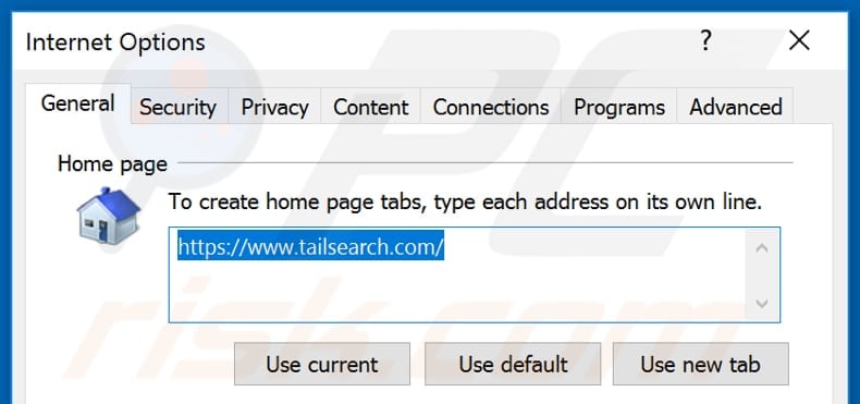 Removing tailsearch.com from Internet Explorer homepage