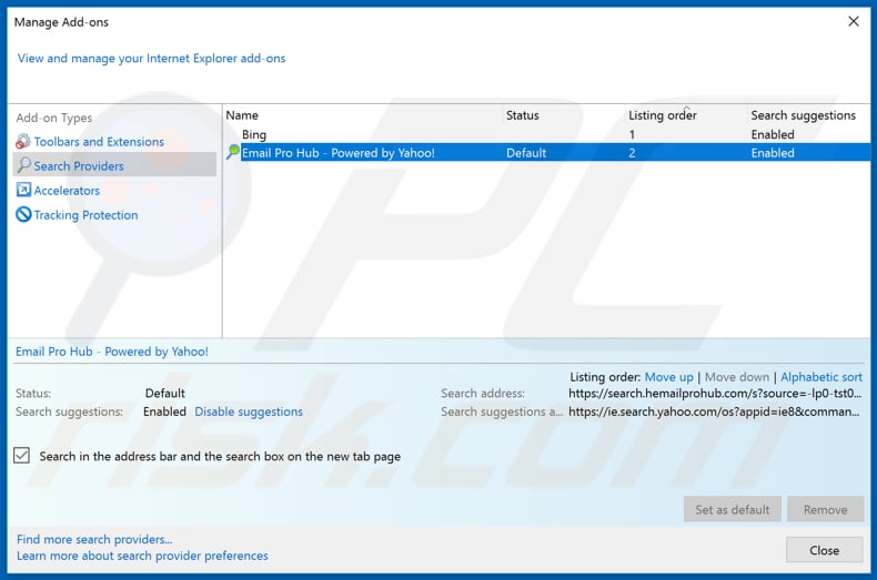 Removing hemailprohub.com from Internet Explorer default search engine