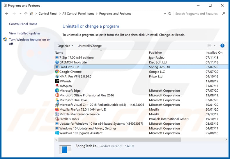 hemailprohub.com browser hijacker uninstall via Control Panel