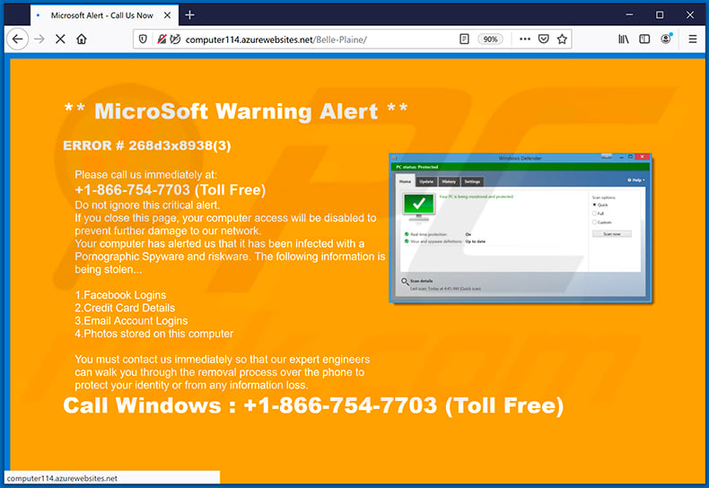 ERROR 268d3x8938 pop-up scam delivered uzing azurewebsites.net service