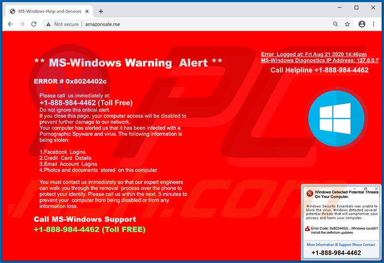 ERROR # 0x8024402C pop-up scam (2020-08-21)