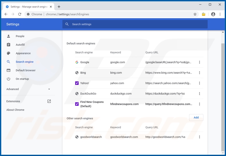 Removing hfindnewcoupons.com from Google Chrome default search engine