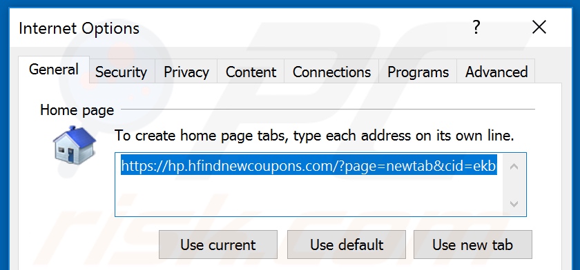 Removing hfindnewcoupons.com from Internet Explorer homepage