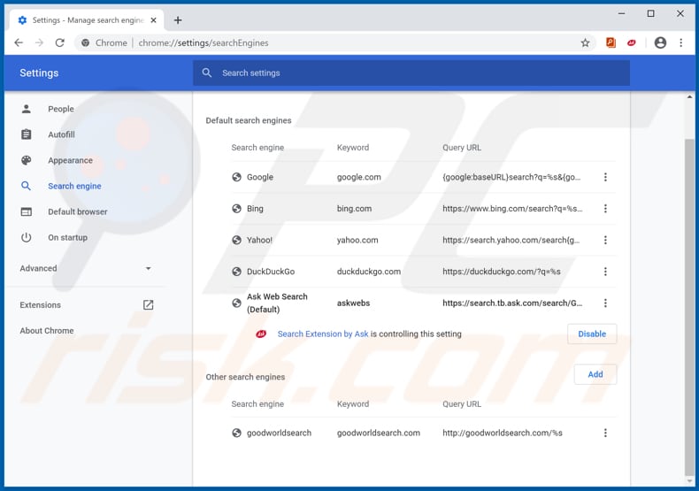 Removing hp.myway.com from Google Chrome default search engine