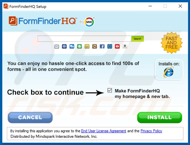 Official FormFinderHQ browser hijacker installation setup