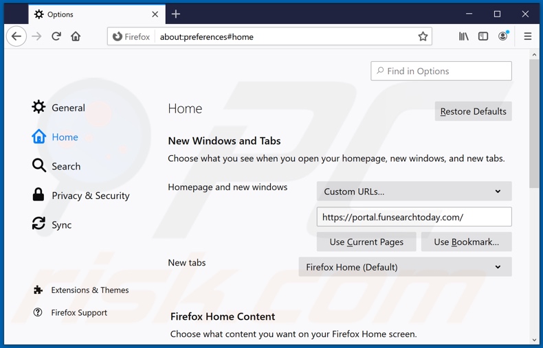 Removing funsearchtoday.com from Mozilla Firefox homepage