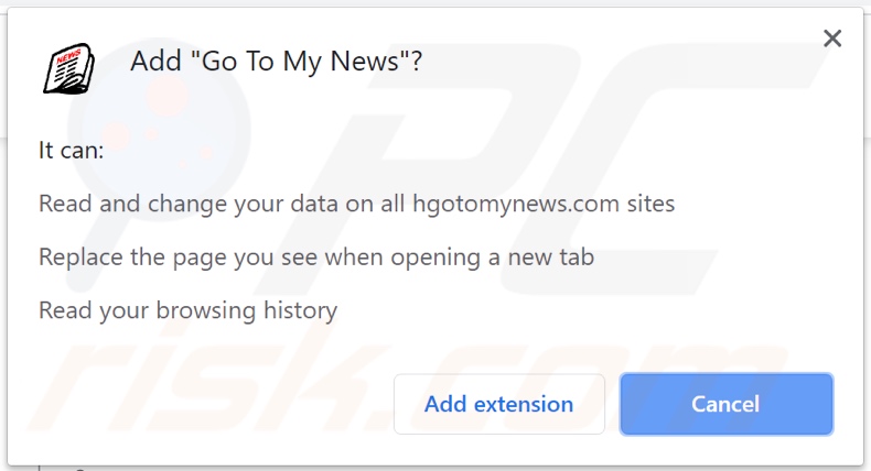 Go To My News browser hijacker asking for permissions