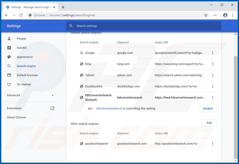 Removing hdconvertersearch.com from Google Chrome default search engine
