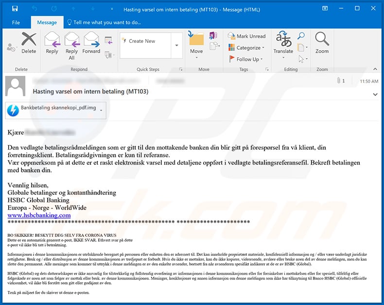 Norwegian HSBC spam email spreading Agent Tesla RAT