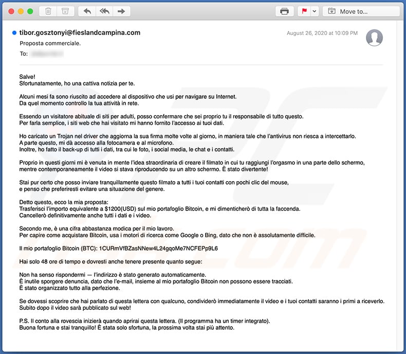 I Have Bad News For You scam email in Italian language