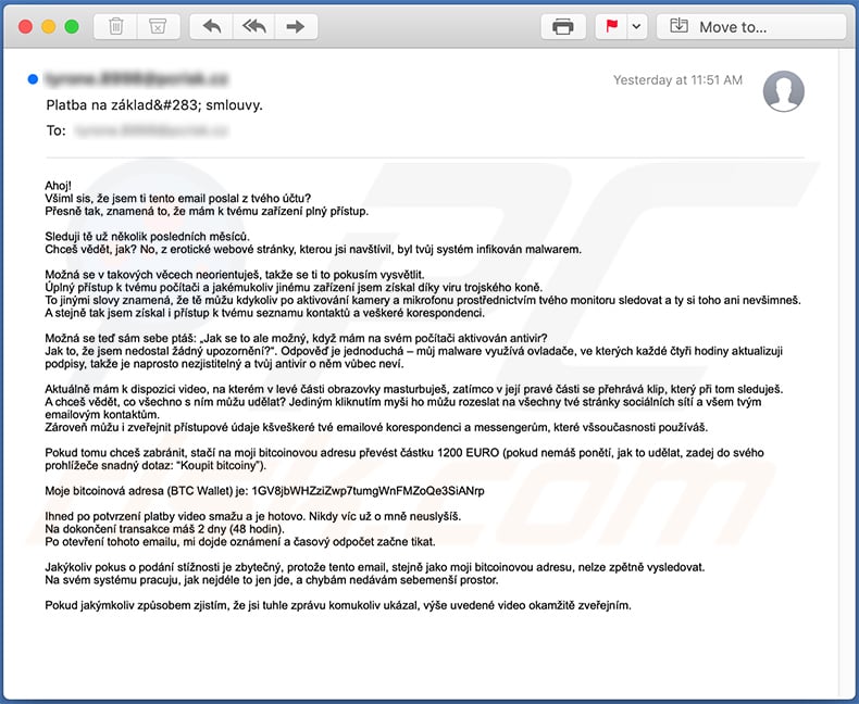 Czech variant of I Sent You An Email From Your Account spam email
