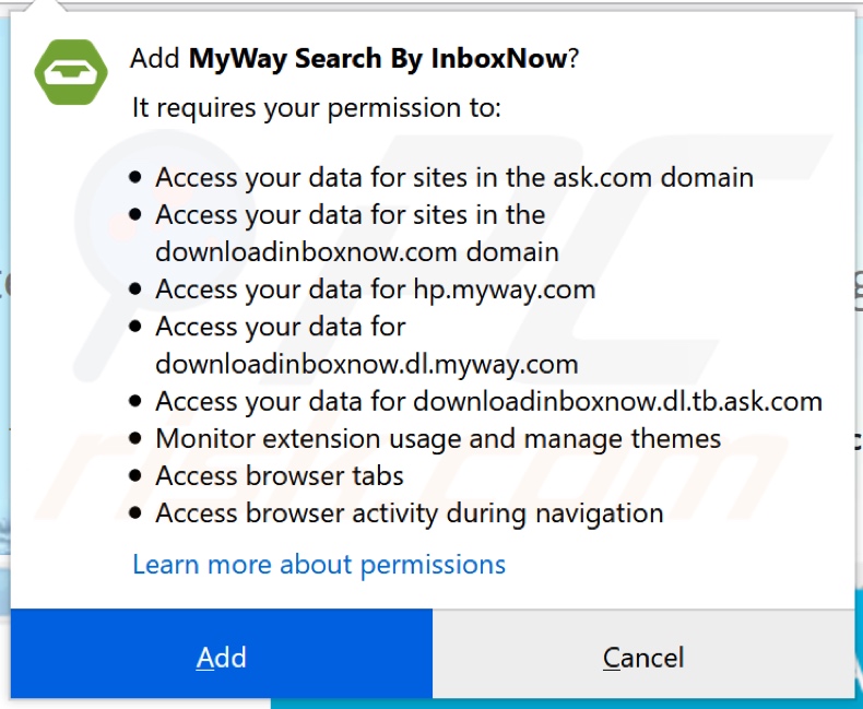 InboxNow browser hijacker asking for permissions