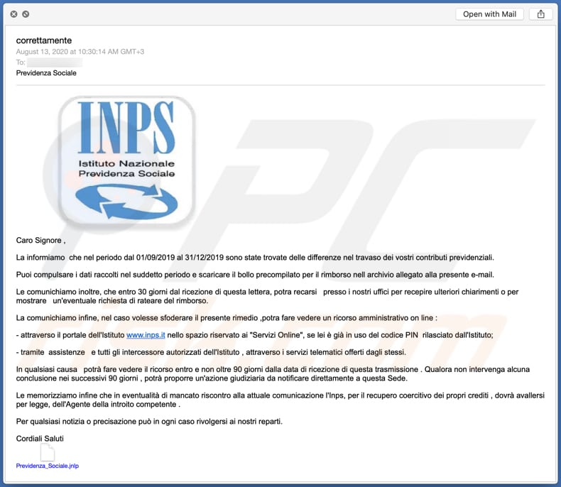 INPS Email Virus malware-spreading email spam campaign