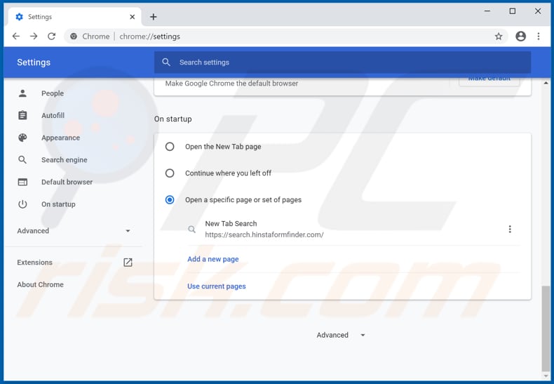 Removing hinstaformfinder.com from Google Chrome homepage