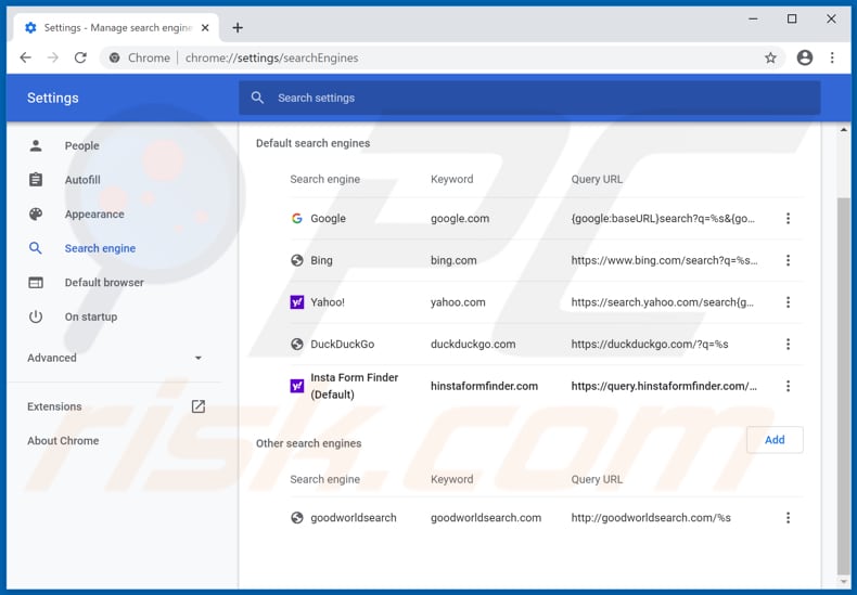 Removing hinstaformfinder.com from Google Chrome default search engine