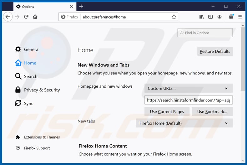 Removing hinstaformfinder.com from Mozilla Firefox homepage