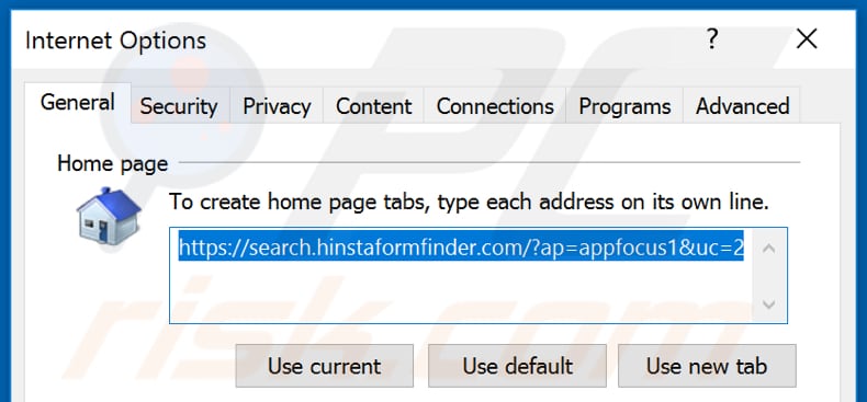 Removing hinstaformfinder.com from Internet Explorer homepage