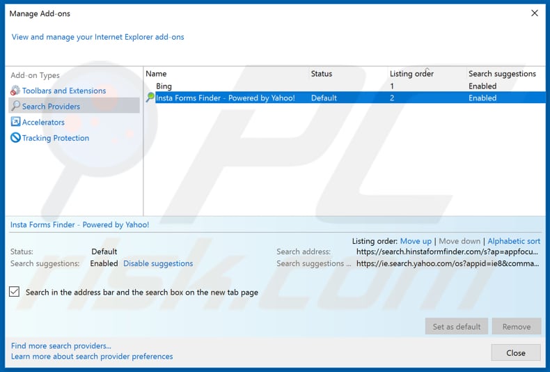 Removing hinstaformfinder.com from Internet Explorer default search engine