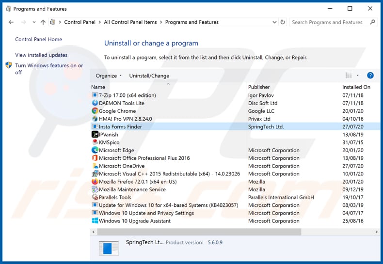 hinstaformfinder.com browser hijacker uninstall via Control Panel