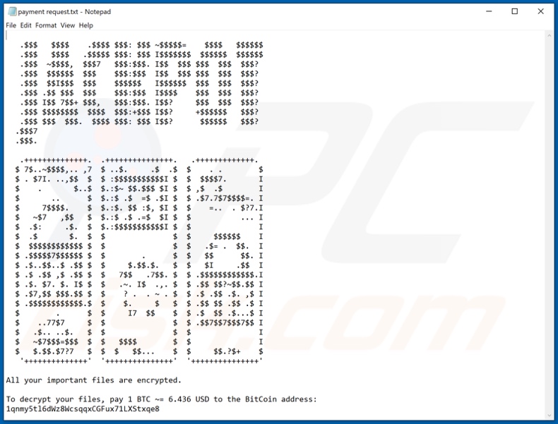 Jackpot ransomware text file (payment request.txt)