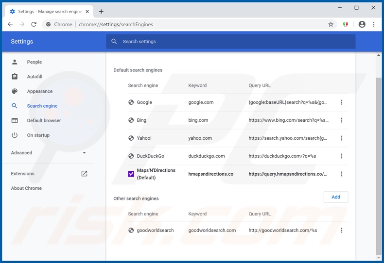 Removing hmapsndirections.co from Google Chrome default search engine