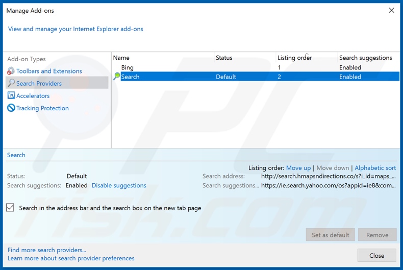 Removing hmapsndirections.co from Internet Explorer default search engine