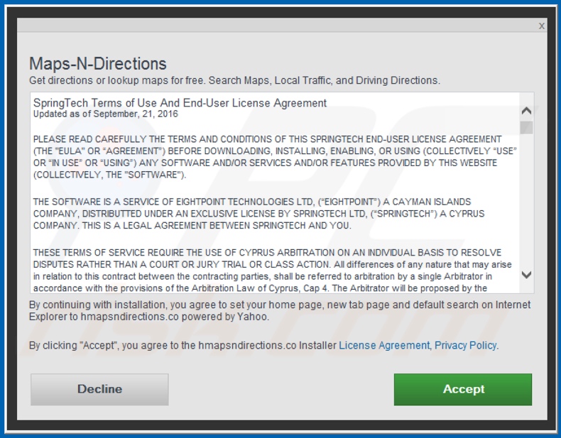 Official Maps-N-Directions browser hijacker installation setup