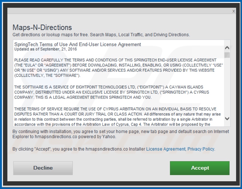 Official Maps-N-Directions browser hijacker installation setup