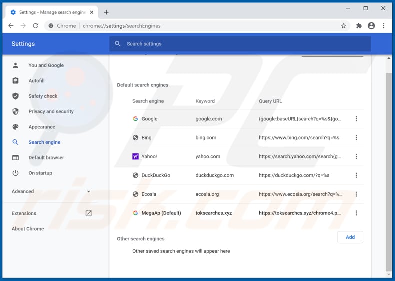 Removing toksearches.xyz from Google Chrome default search engine